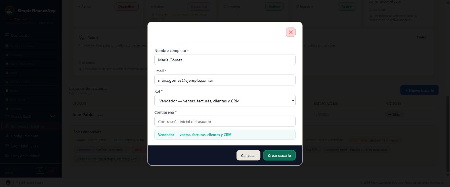 El alta de un usuario: nombre, email, rol y contraseña inicial
