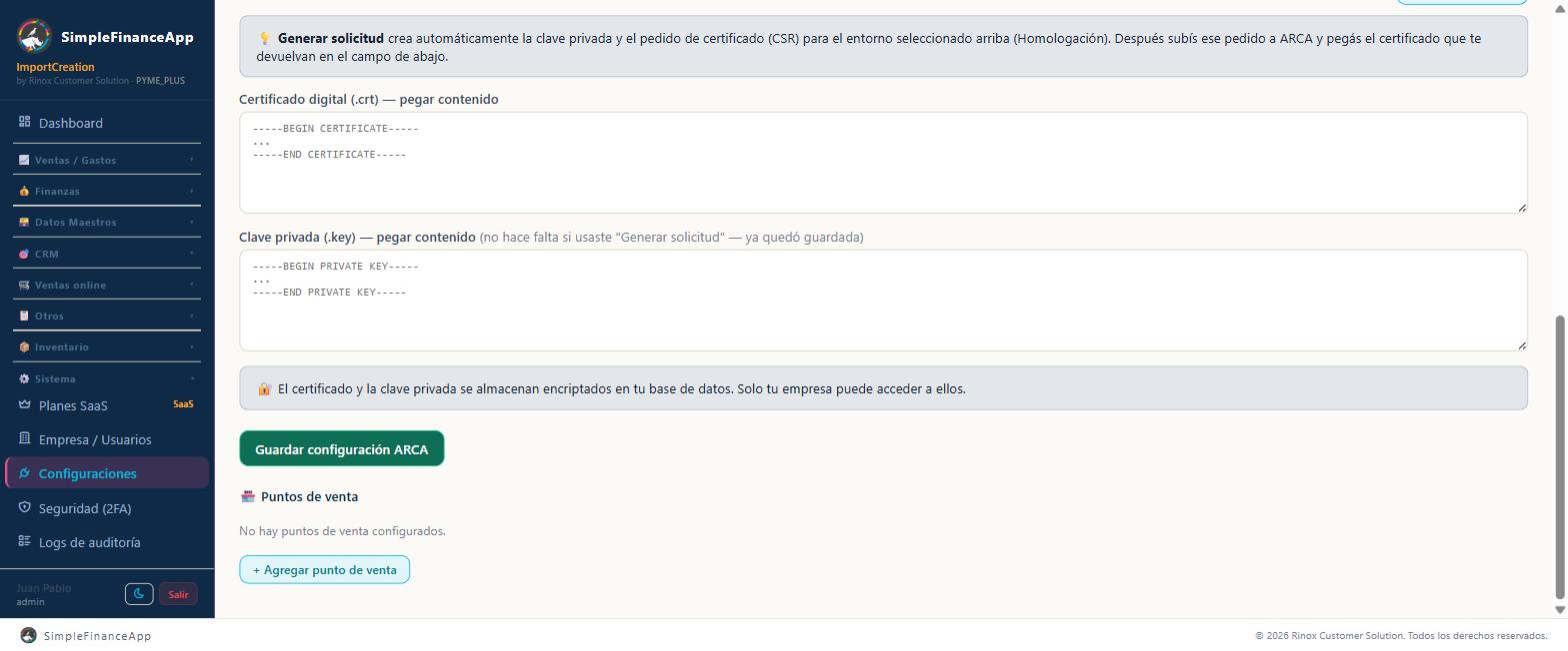 Dónde se pegan el certificado y la clave privada, y la lista de puntos de venta