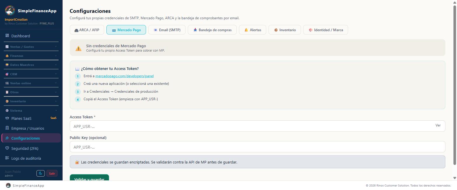 La solapa Mercado Pago, con los pasos para conseguir el Access Token
