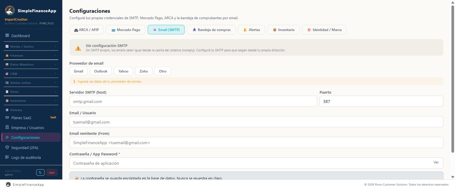 La solapa Email (SMTP): al elegir el proveedor se completan servidor y puerto