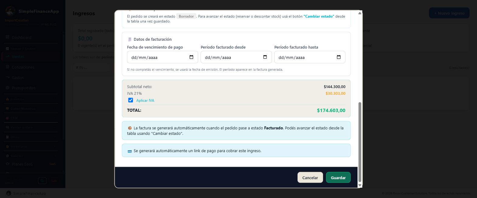 El pie de la ventana: subtotal neto, IVA y total