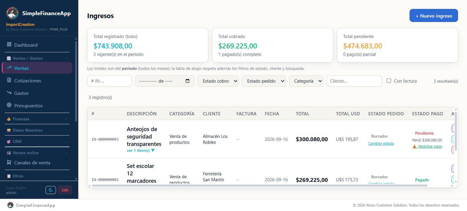 El listado de ventas: los tres totales arriba y, por cada venta, el estado del pedido y el del cobro