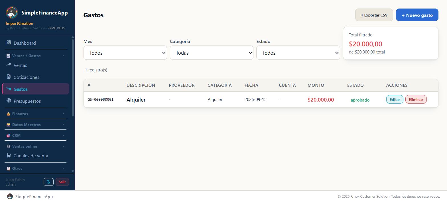 El listado de gastos, con los filtros de mes, categoría y estado, y el total filtrado