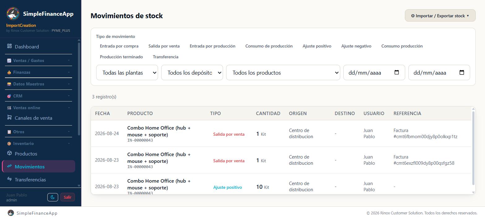 Los movimientos de stock, con el filtro por tipo arriba y la referencia de cada uno