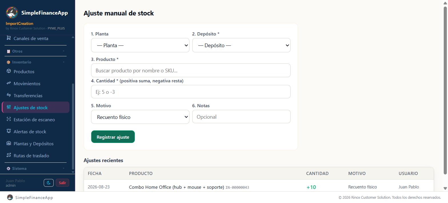 El ajuste manual de stock y, abajo, los ajustes recientes